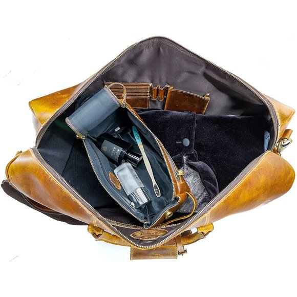 Leather Duffel Bag & Toiletry Bag Combo Travel Bag Sports Overnight Weekender - Picture 5 of 7